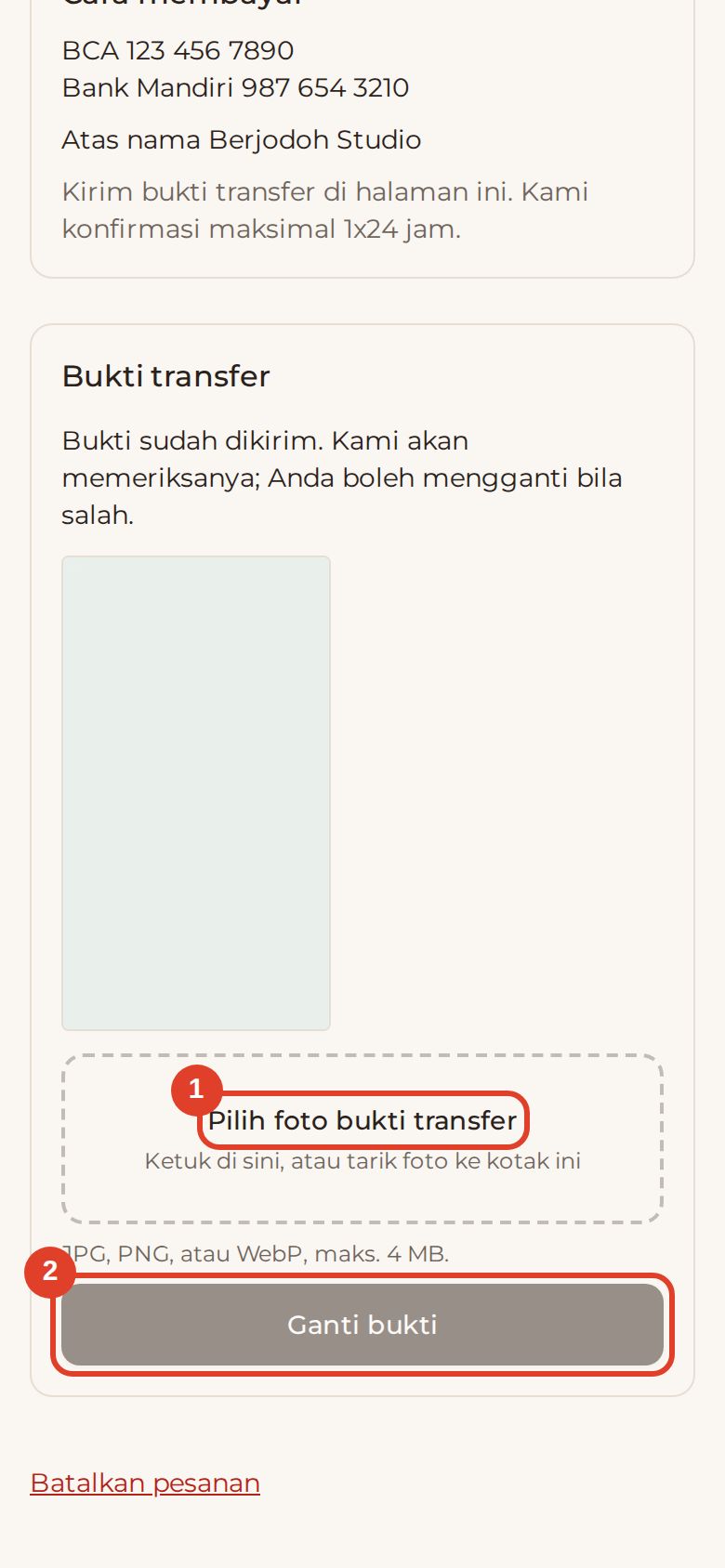 Kirim bukti transfer